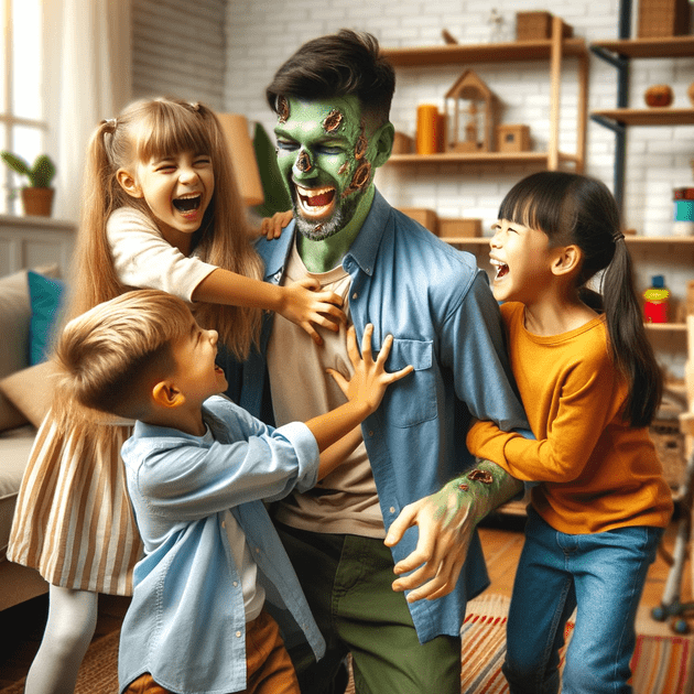 GPT-4 gnerated image of a zombie-like dad tickling his three children, two of which are of european descent and the other is of asian descent